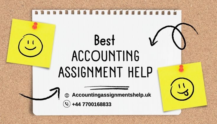 A torn notebook page reads "Best Accounting Assignment Help" with contact details. Yellow sticky notes with smiley faces are on either side, and black arrows point towards the message.
